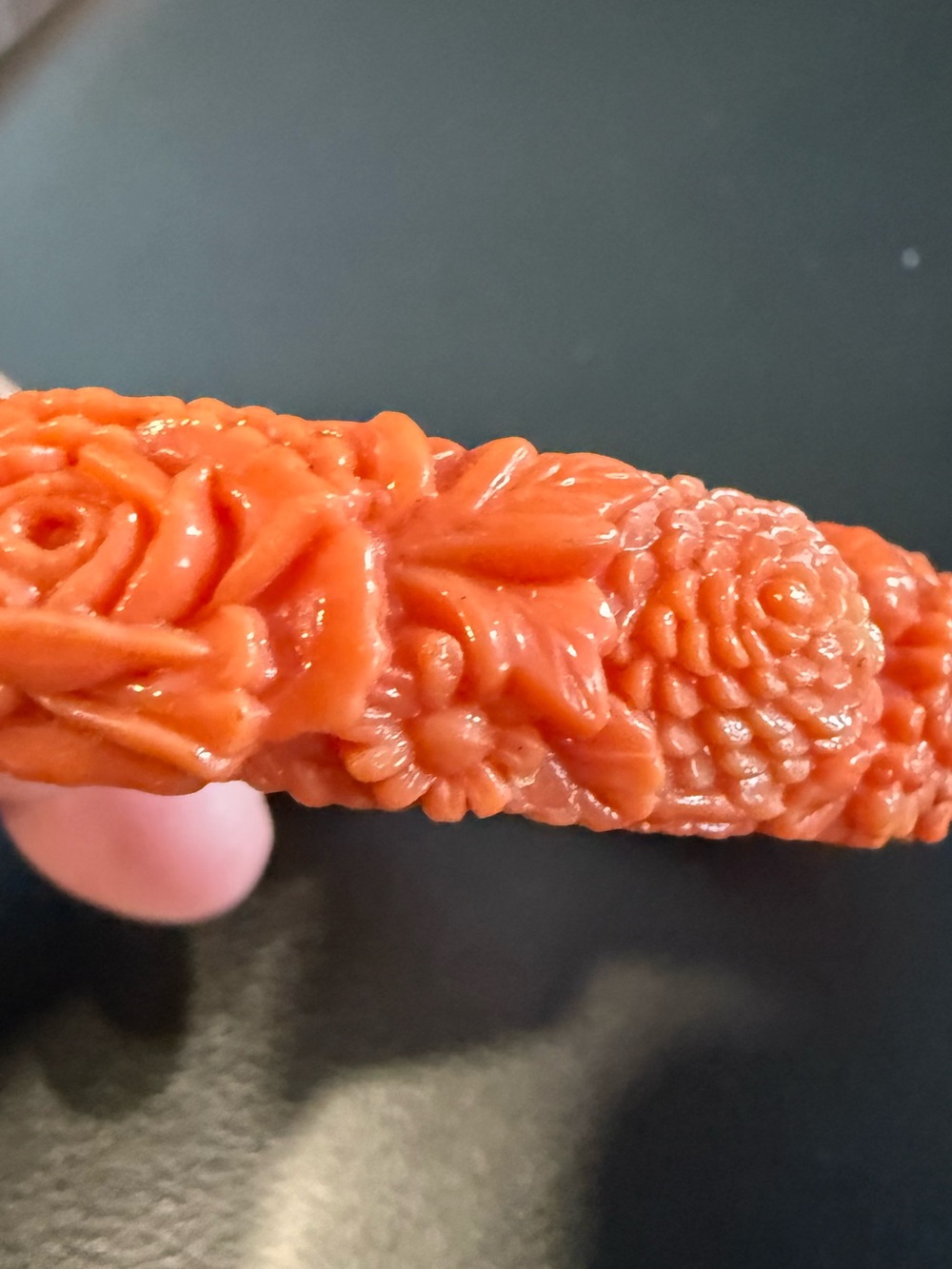 Vintage Carved Orange Celluloid Bangle Bracelet Faux Coral Art Deco 1940’s